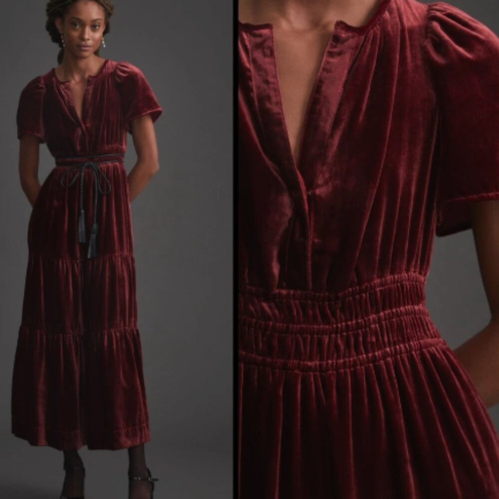 Anthropologie The Somerset Maxi Long Dress VELVET WINE/DARK RED SMALL
